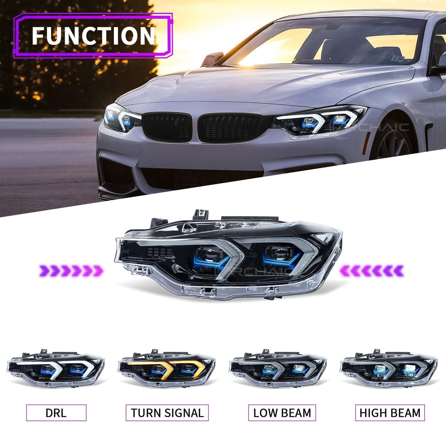 Archaic LED Headlights Compatible with BMW 3 Series F30 F31 2012-2015, Front Lights with Sequential Turn Signals, for OEM Xenon - Auto Part Pro Switzerland