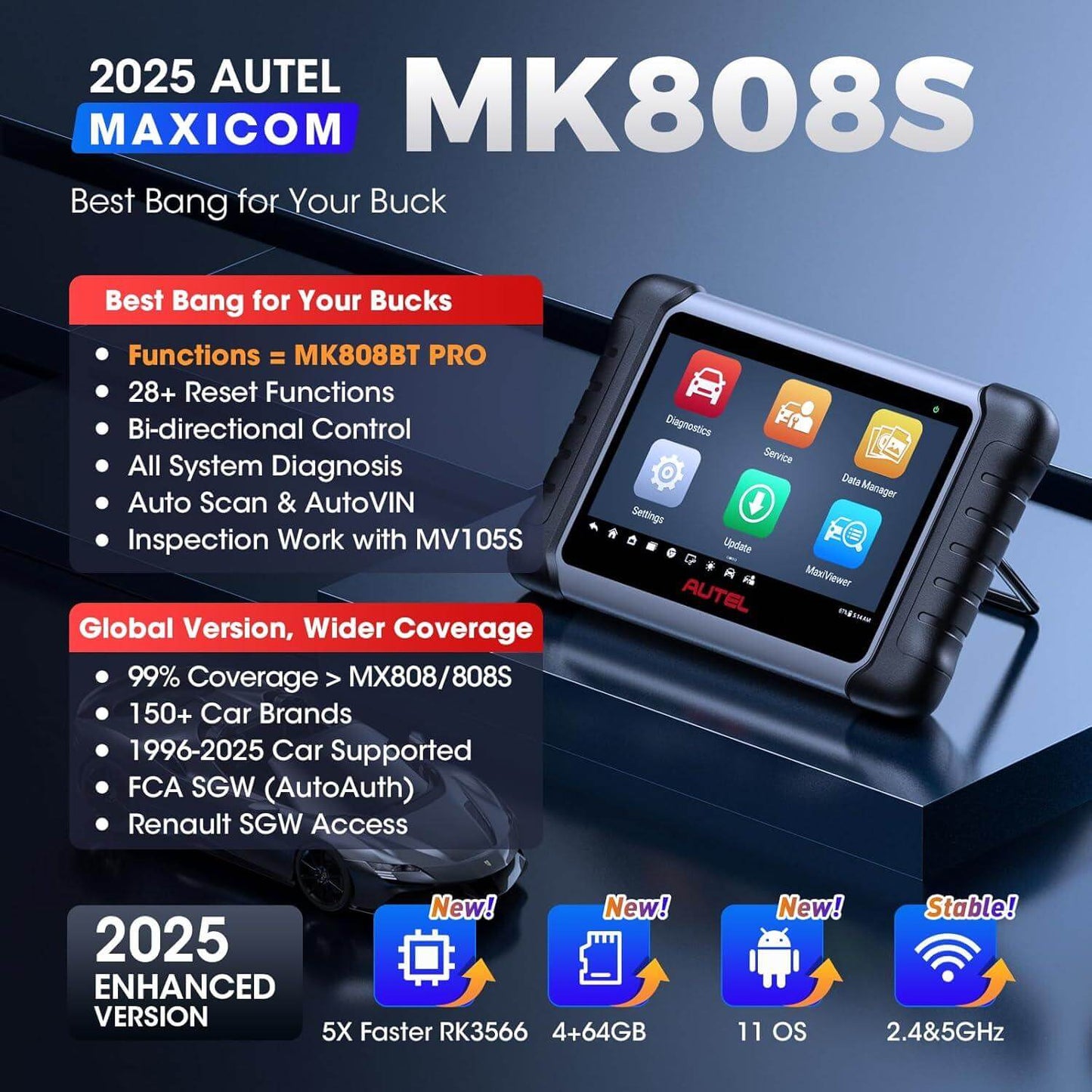Autel MaxiCOM MK808S Car Diagnostic Tool, 2025 OBD2 Scanner Upgrade of MX808 MK808, 28+ Services, Active Test, Full System Diagnostics, Injector Coding/EPB/BMS/SAS/TPMS/AutoVIN/ABS, FCA AutoAuth - Auto Part Pro Switzerland