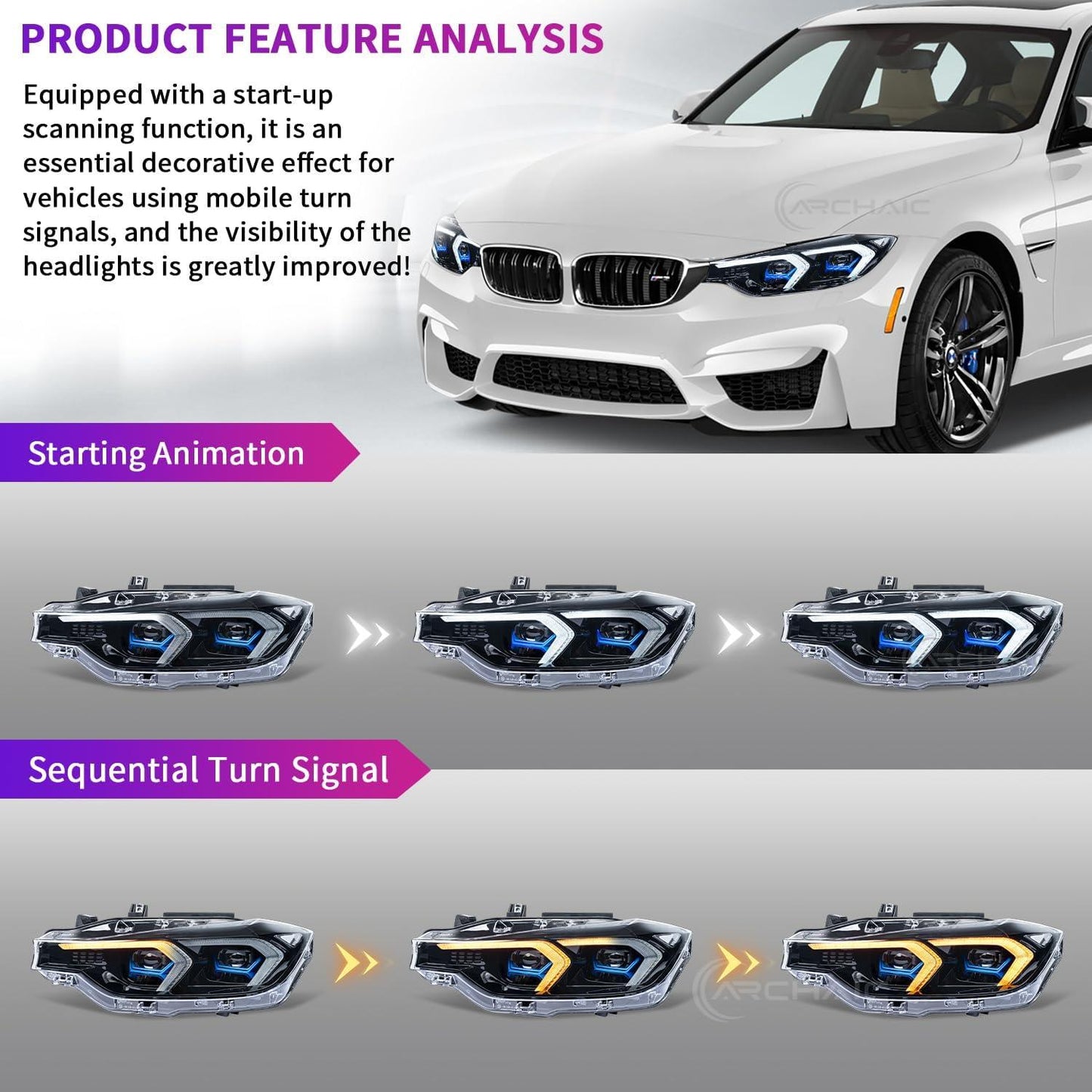 Archaic LED Headlights Compatible with BMW 3 Series F30 F31 2012-2015, Front Lights with Sequential Turn Signals, for OEM Xenon - Auto Part Pro Switzerland