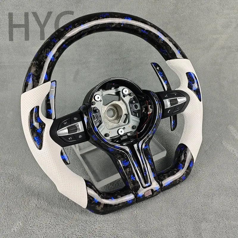 HYC For BMW F10 F30 F20 F21 F16 F18 M5 M8 M1 M3 Blue Fragment Forged Carbon Fiber White Perforated Leather Steering Wheel - Auto Part Pro Switzerland