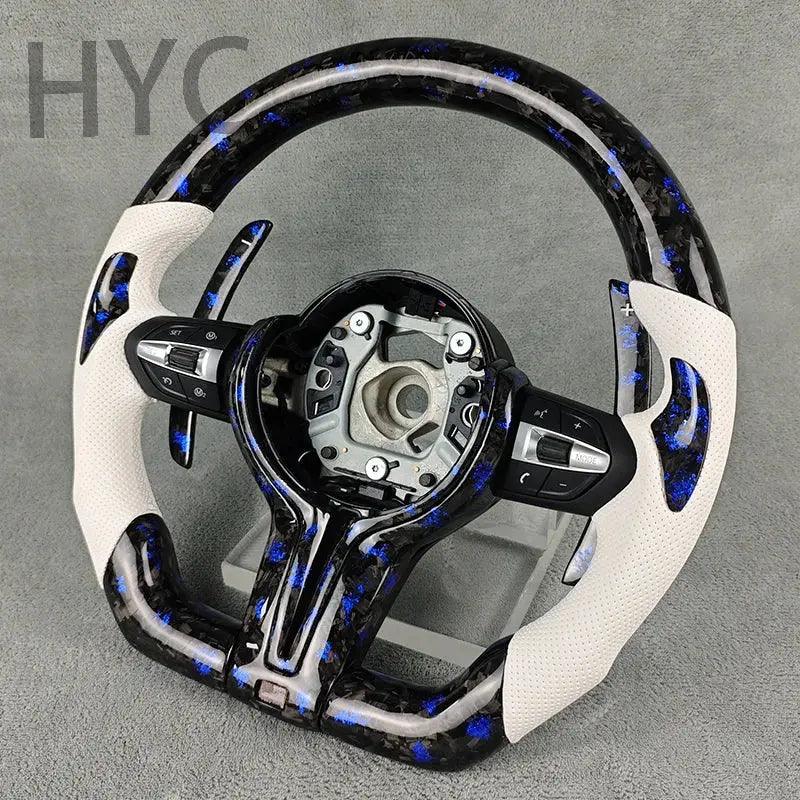 HYC For BMW F10 F30 F20 F21 F16 F18 M5 M8 M1 M3 Blue Fragment Forged Carbon Fiber White Perforated Leather Steering Wheel - Auto Part Pro Switzerland