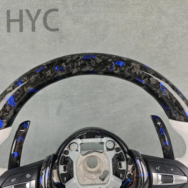 HYC For BMW F10 F30 F20 F21 F16 F18 M5 M8 M1 M3 Blue Fragment Forged Carbon Fiber White Perforated Leather Steering Wheel - Auto Part Pro Switzerland