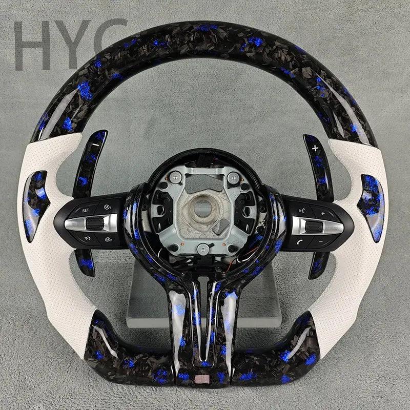 HYC For BMW F10 F30 F20 F21 F16 F18 M5 M8 M1 M3 Blue Fragment Forged Carbon Fiber White Perforated Leather Steering Wheel - Auto Part Pro Switzerland