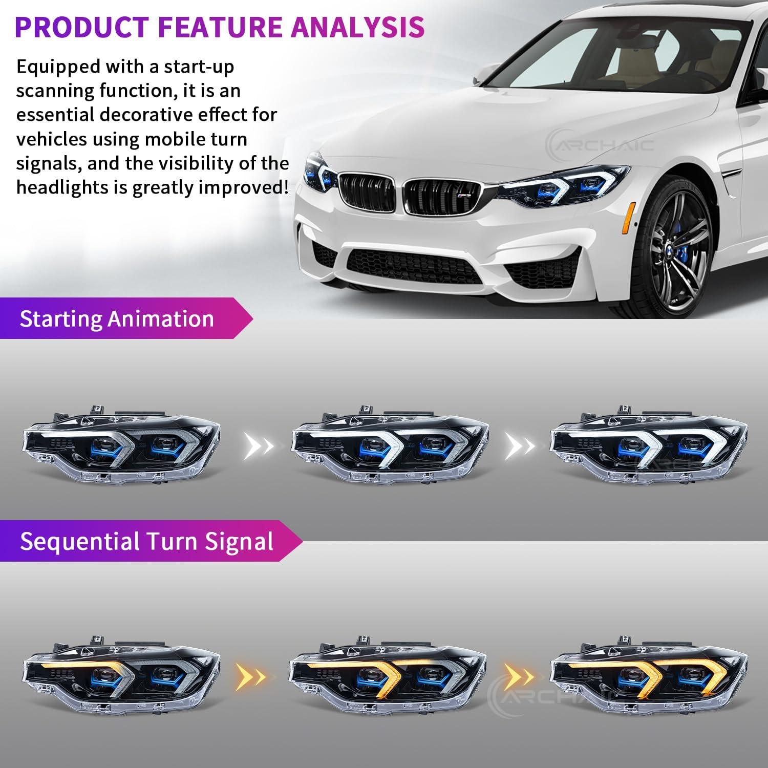 Archaic LED Headlights Compatible with BMW 3 Series F30 F31 2012-2015, Front Lights with Sequential Turn Signals, for OEM Xenon - Auto Part Pro Switzerland